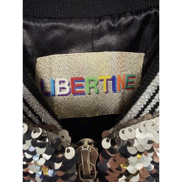 Libertine Jacket Womens Medium Silver Sequin Bomber Zip Handmade USA Riri Lined - Picture 12 of 14